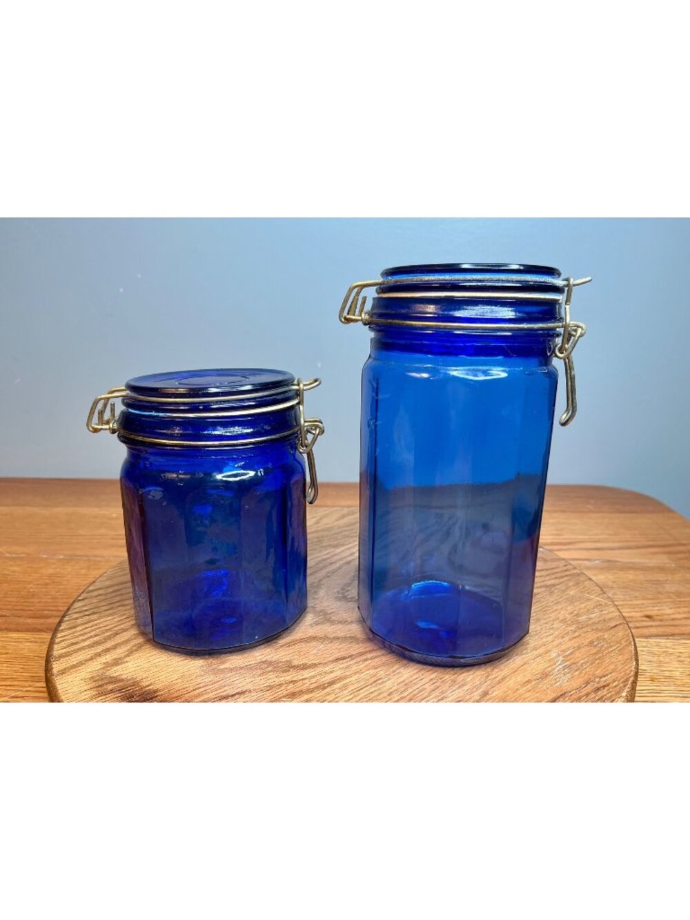 Vintage Set Of 2 Canister Jars Cobalt Blue Glass 12-Panel w/ Wire Bale Lids and